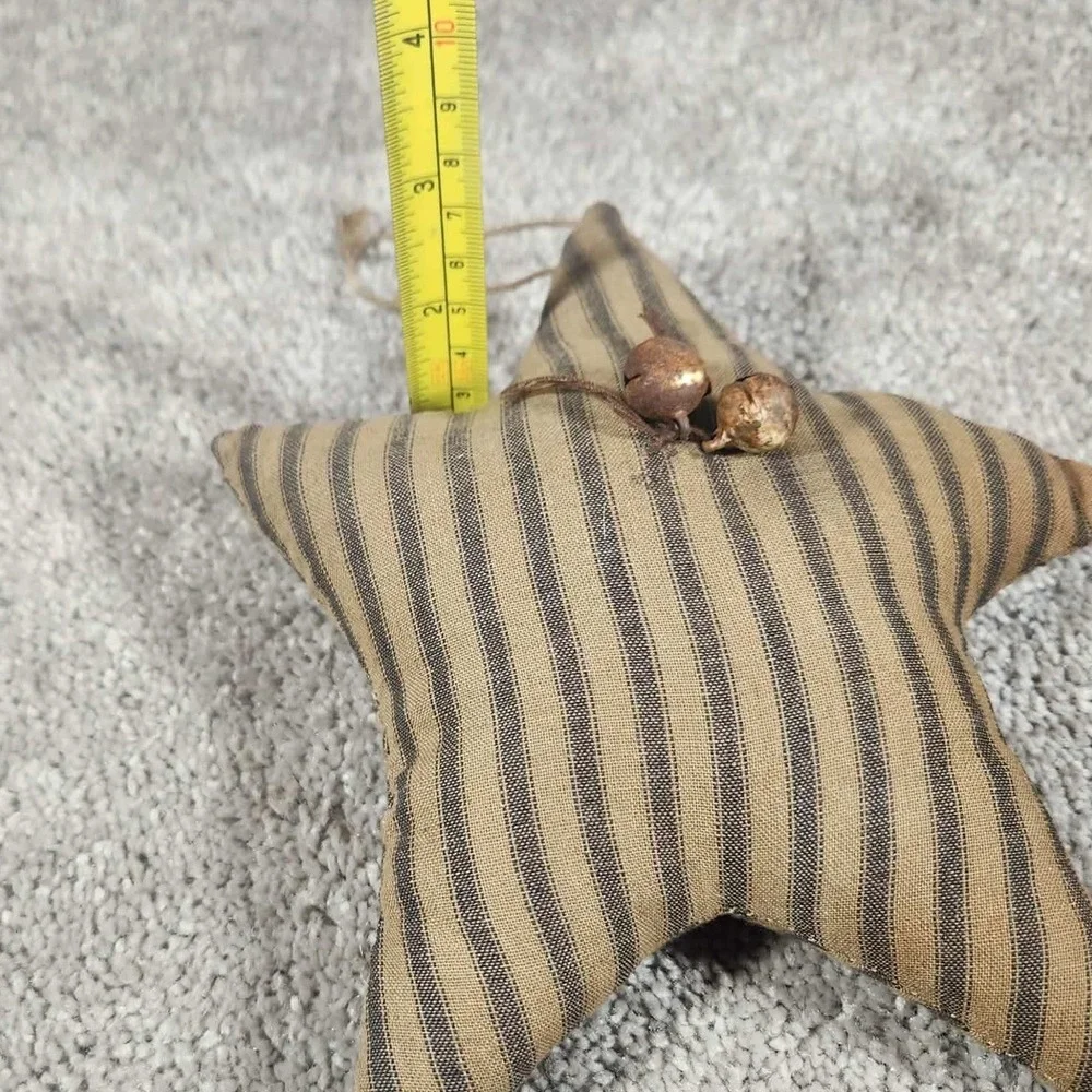 Star Ornament Tan Black Striped Ticking Jingle Bells Fabric Vintage Style Decor
